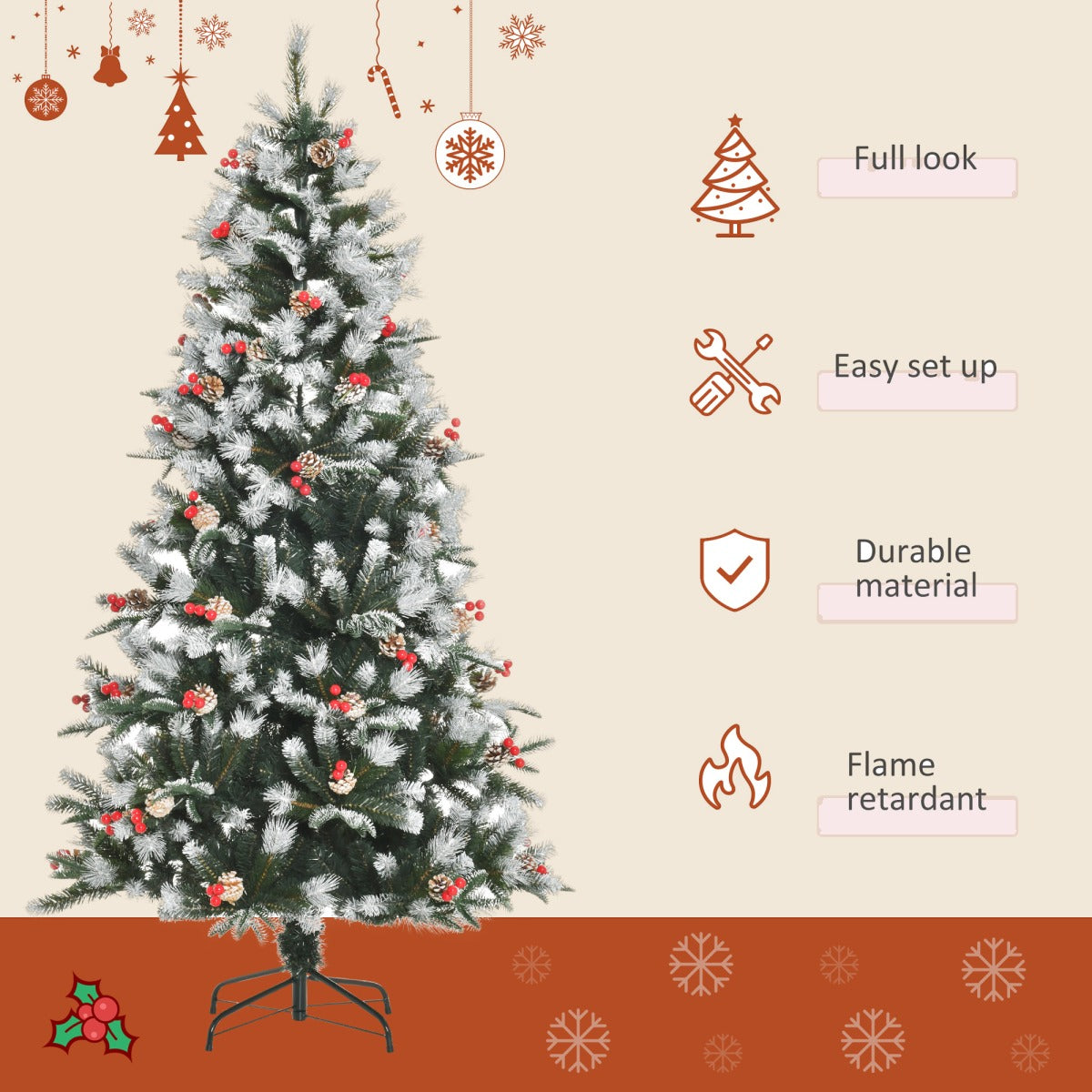 6ft Snow-Tipped Artificial Christmas Tree with Berries and Pine Cones - APA Pure Living