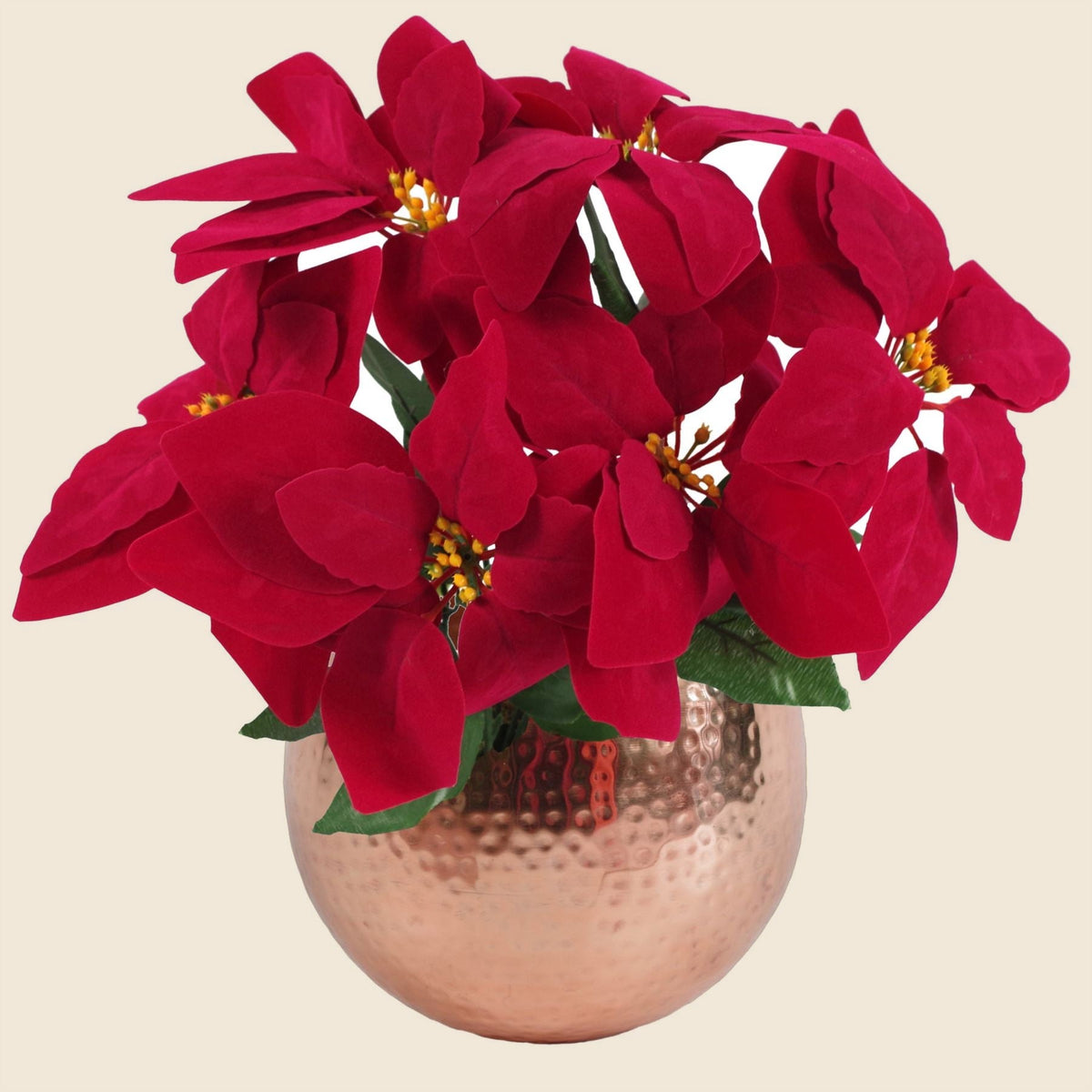 Artificial Red Poinsettia, 40cm, in a Hammered Copper Planter - APA Pure Living