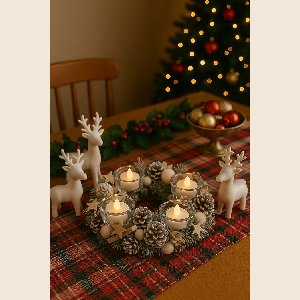 Frosted Pine Cone Table Wreath with 4 LED Candles - APA Pure Living