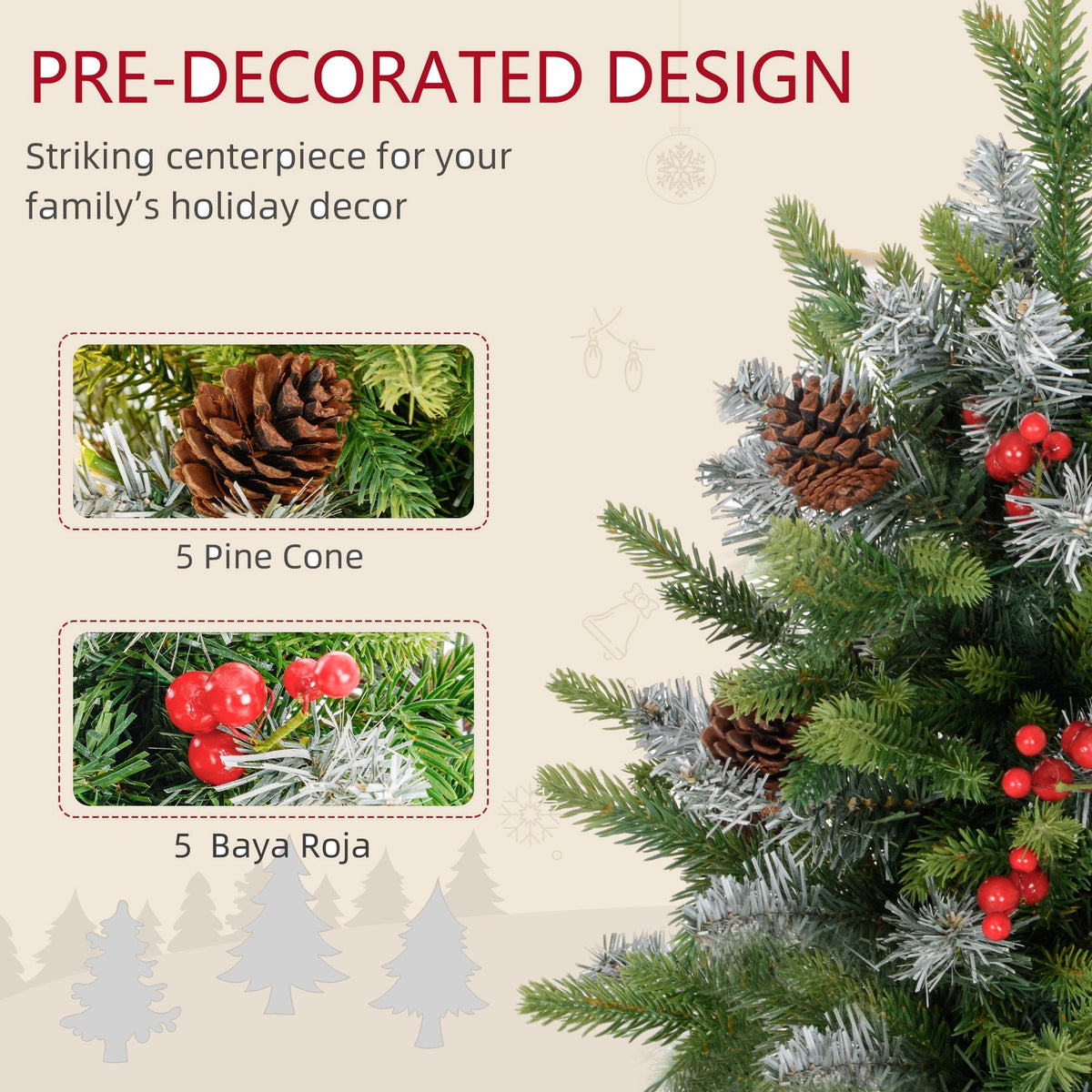 Pair of 60cm Pre-Lit Tabletop Christmas Trees with Berries and Pine Cones - APA Pure Living