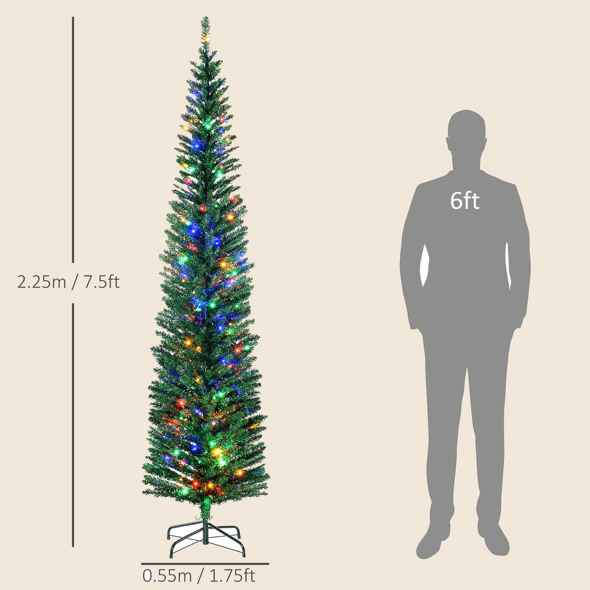 7.5ft Pre-Lit Slim Pencil Christmas Tree with 200 Multi-Colour LEDs - APA Pure Living