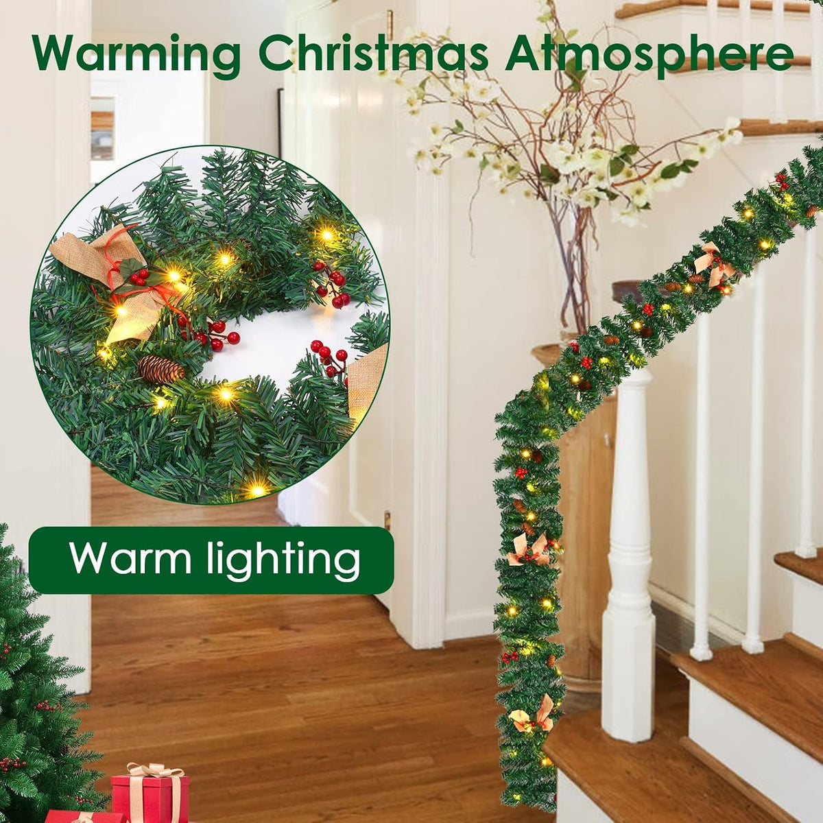 Pre-lit Christmas garland wound along a staircase bannister, with a close-up of the warm white LEDs
