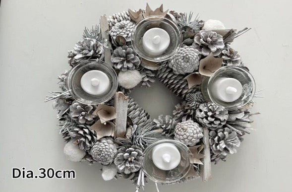 Frosted Pine Cone Table Wreath with 4 LED Candles - APA Pure Living