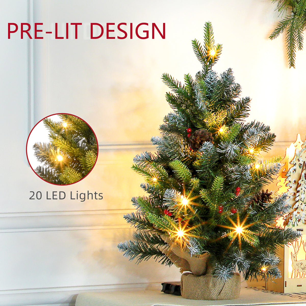 Pair of 60cm Pre-Lit Tabletop Christmas Trees with Berries and Pine Cones - APA Pure Living