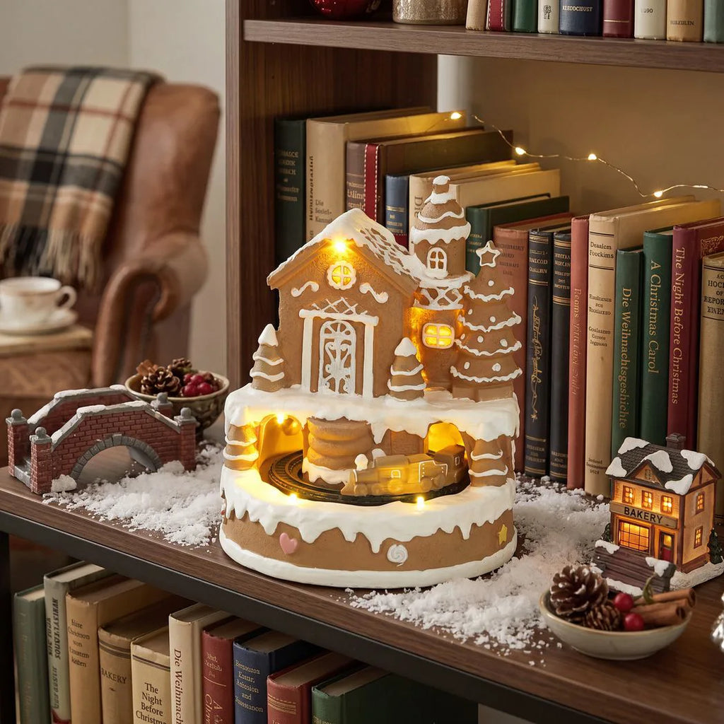 Musical Gingerbread Snow Village with Rotating Train - APA Pure Living
