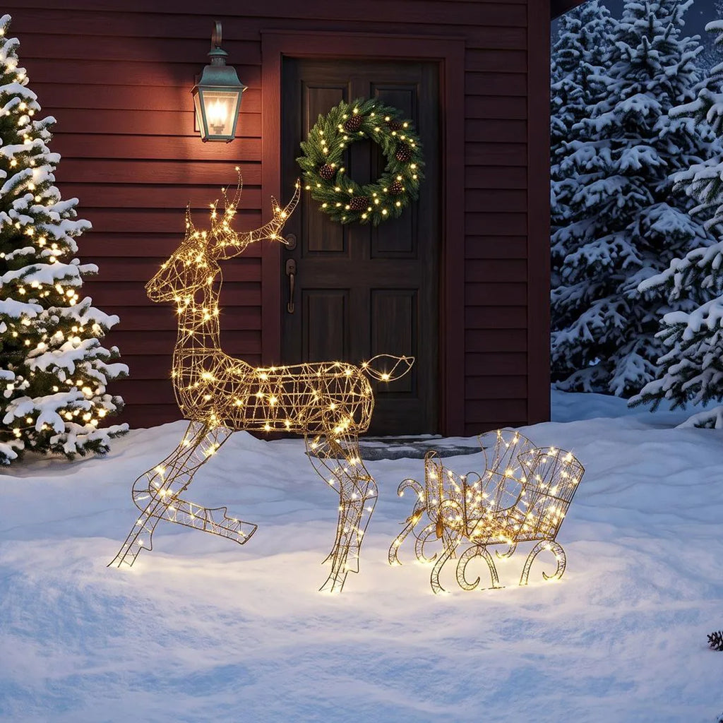 Light-Up Rattan Reindeer and Sleigh Christmas Decoration Set - APA Pure Living