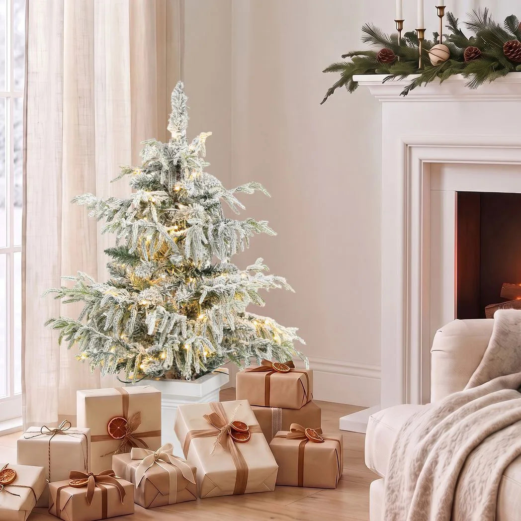 3ft Pre-Lit Snow-Flocked Christmas Tree with 100 Warm White LEDs and White Pot - APA Pure Living