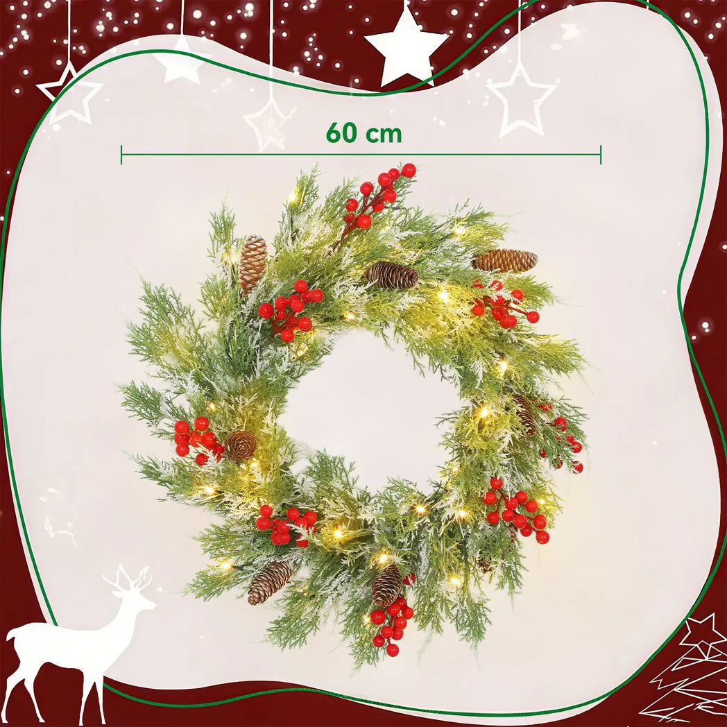 60cm Pre-Lit Christmas Wreath with Pine Cones, Berries and Timer - APA Pure Living