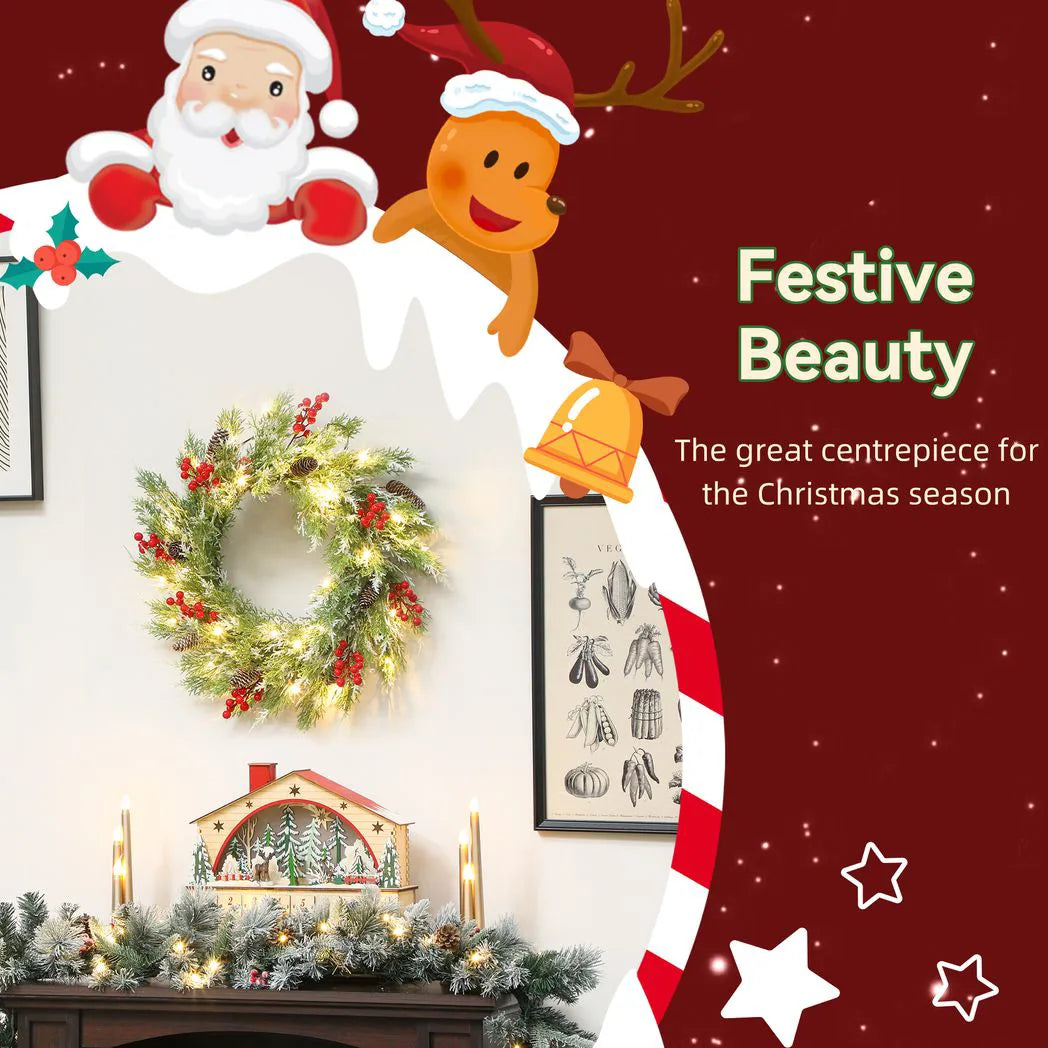 60cm Pre-Lit Christmas Wreath with Pine Cones, Berries and Timer - APA Pure Living