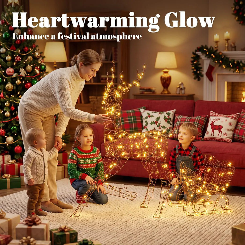 Light-Up Rattan Reindeer and Sleigh Christmas Decoration Set - APA Pure Living