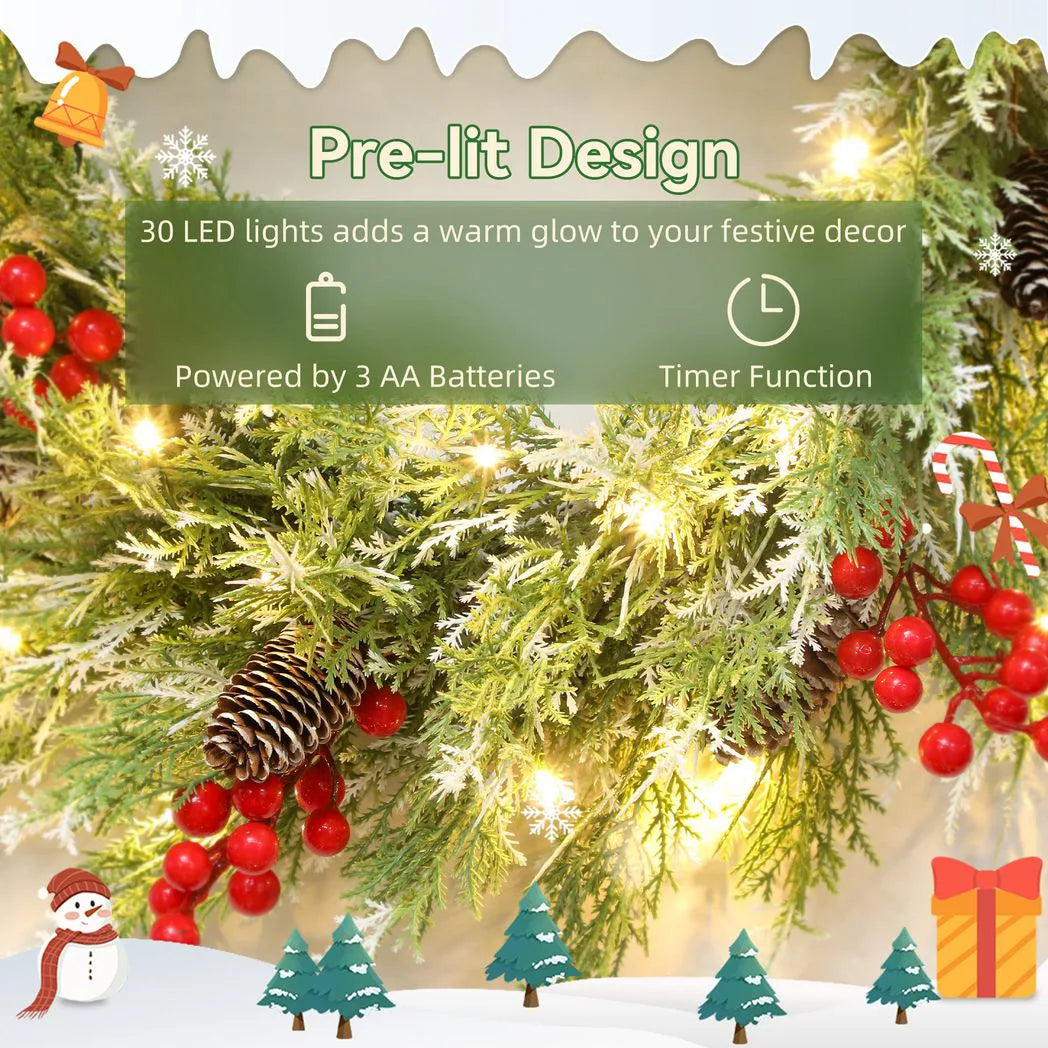 60cm Pre-Lit Christmas Wreath with Pine Cones, Berries and Timer - APA Pure Living