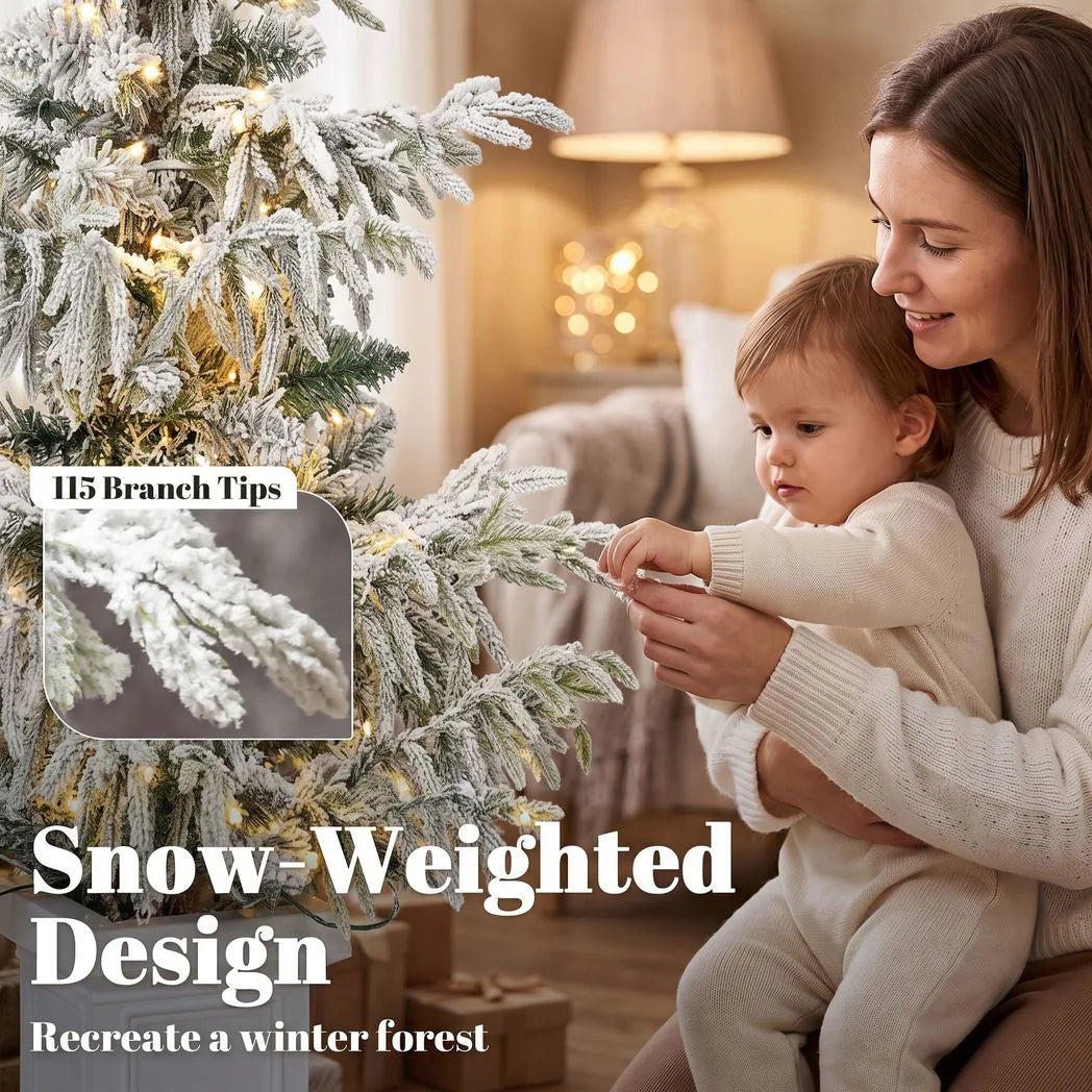 3ft Pre-Lit Snow-Flocked Christmas Tree with 100 Warm White LEDs and White Pot - APA Pure Living