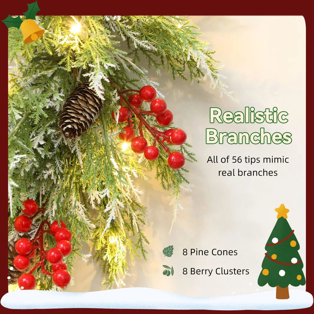 60cm Pre-Lit Christmas Wreath with Pine Cones, Berries and Timer - APA Pure Living