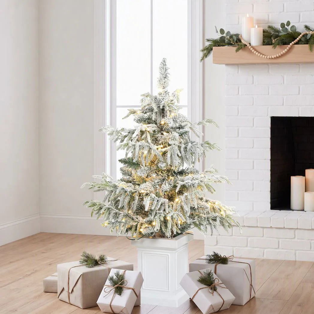 3ft Pre-Lit Snow-Flocked Christmas Tree with 100 Warm White LEDs and White Pot - APA Pure Living