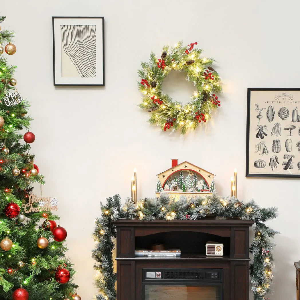 60cm Pre-Lit Christmas Wreath with Pine Cones, Berries and Timer - APA Pure Living