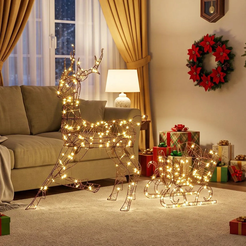 Light-Up Rattan Reindeer and Sleigh Christmas Decoration Set - APA Pure Living