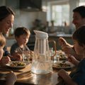 Glass filter jug of water on a family dinner table