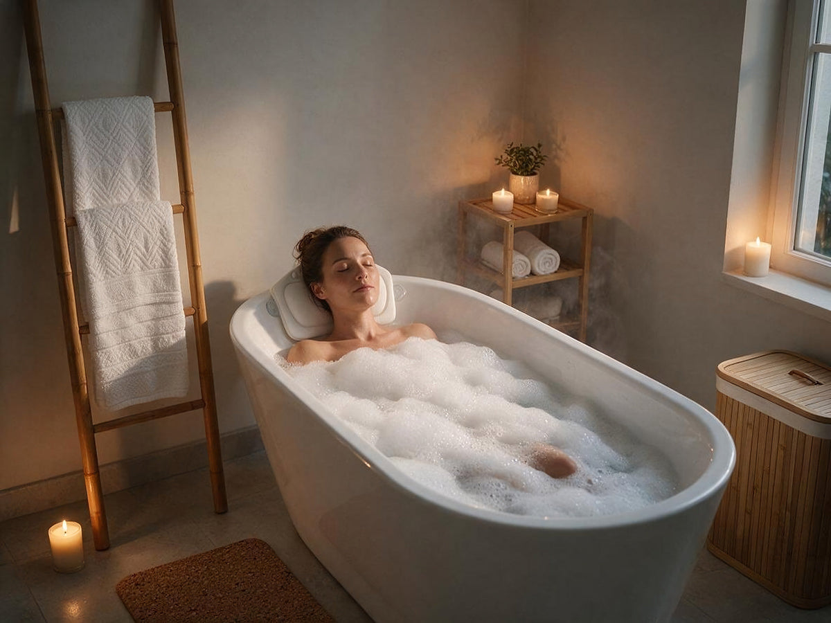 Woman relaxing in a white freestanding bath with a bamboo towel ladder, Turkish cotton towels, a bamboo shelf and a cork bath mat in a calm, candlelit bathroom