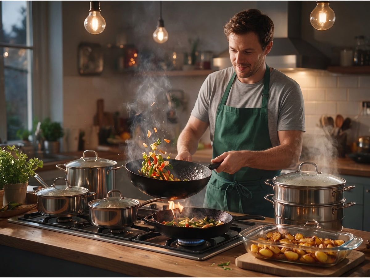 Man in a grey t-shirt and green apron cooking a stir-fry in an iron wok on a gas hob, with stainless steel pots and pans, a steamer and a glass dish of roast potatoes in a warm home kitchen