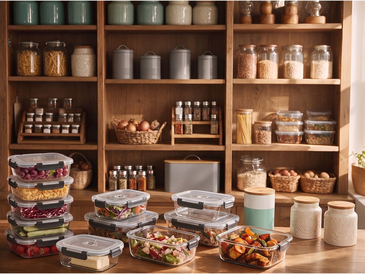 Wooden pantry shelves and worktop with glass food storage containers with clip-lock lids, glass spice jars on wooden racks, aqua and cream ceramic canisters with bamboo lids and a grey canister set with bread bin