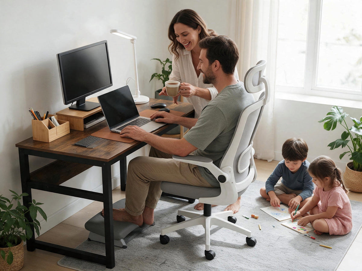 Working from home with family: a man at a wooden desk on a grey mesh office chair with headrest, feet on an under-desk footrest, monitor stand, desk organiser and LED desk lamp, his wife bringing tea and children drawing nearby