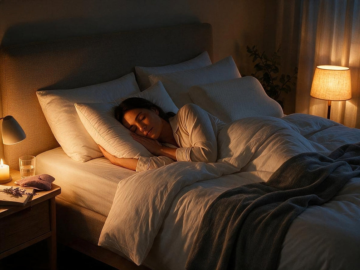 Woman asleep in a cosy bed with soft pillows, cotton bedding and a warm bedside lamp in a calm bedroom at night