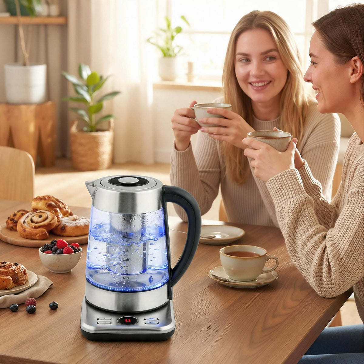 Glass electric kettle with tea infuser on a breakfast table