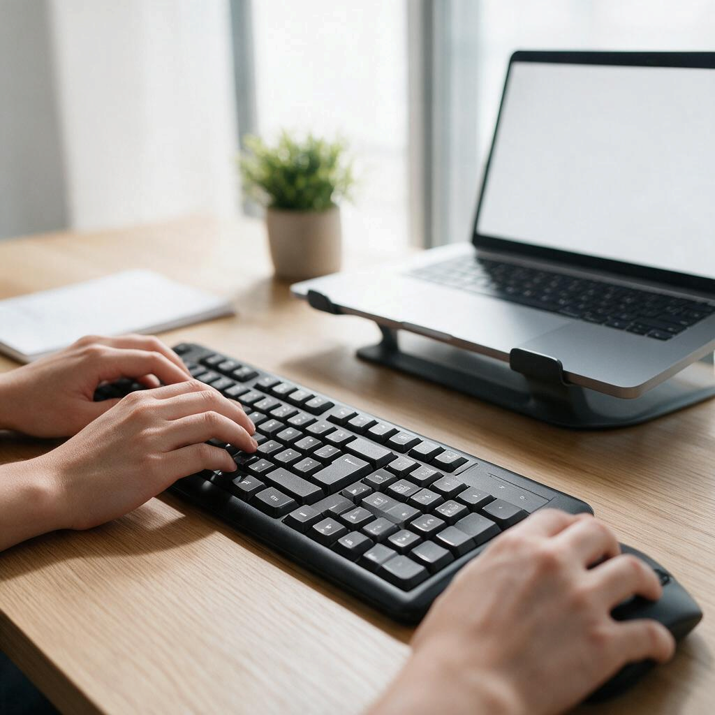 Black wireless keyboard and mouse in use on a home-office desk