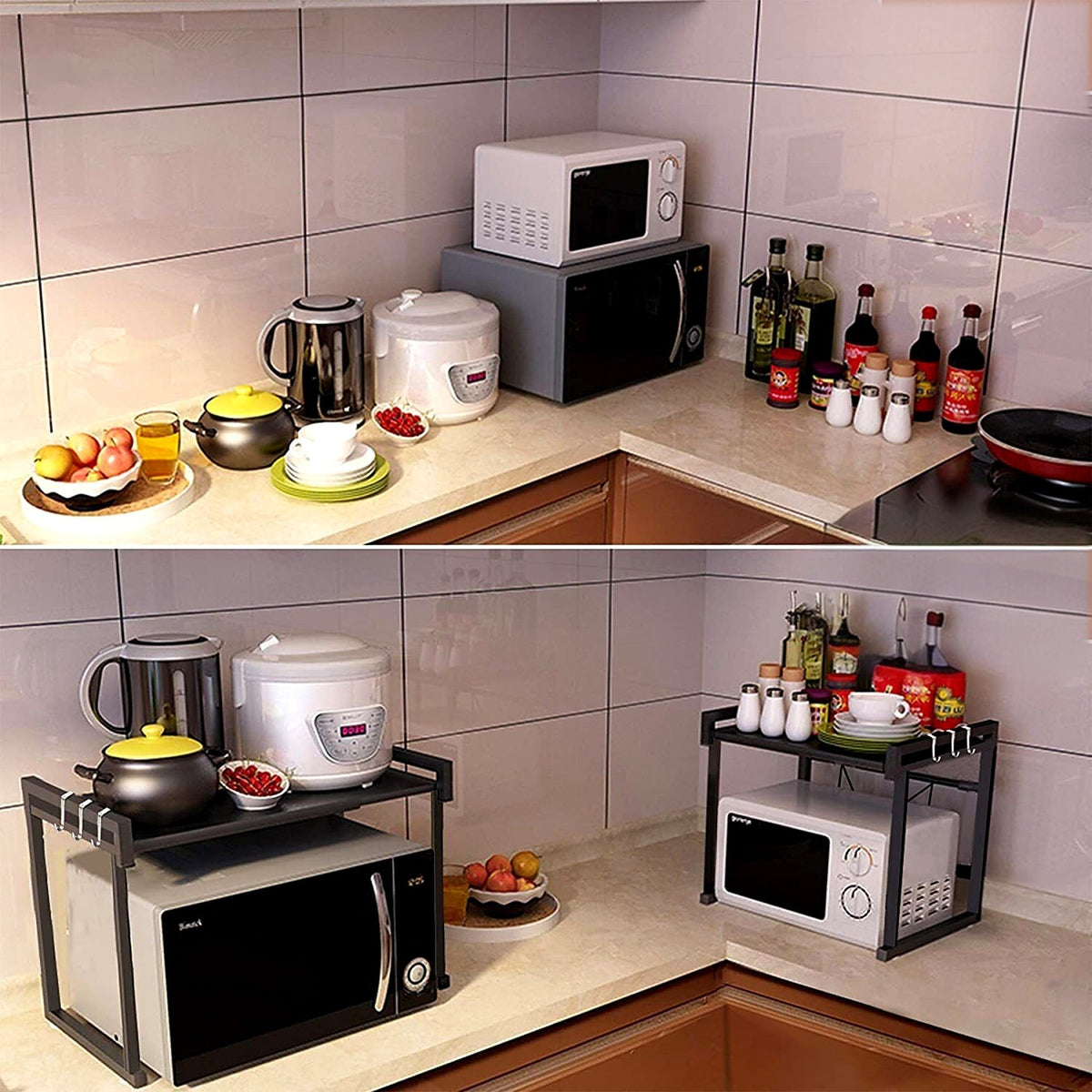 Extendable rack organising the worktop with hooks