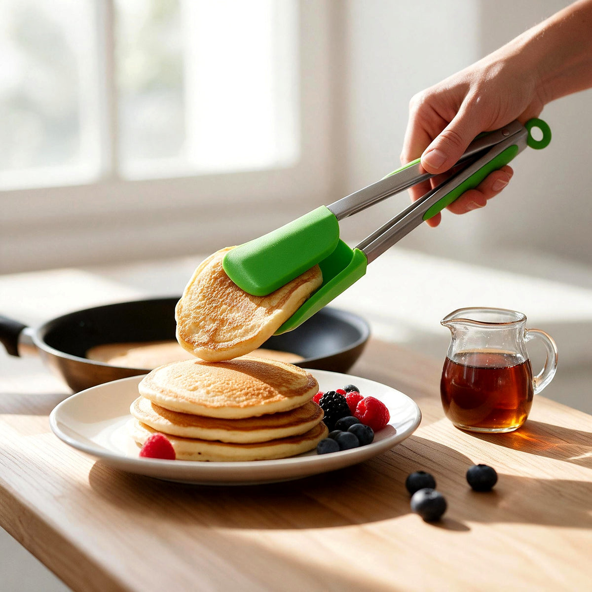 2-in-1 silicone spatula and tongs serving pancakes