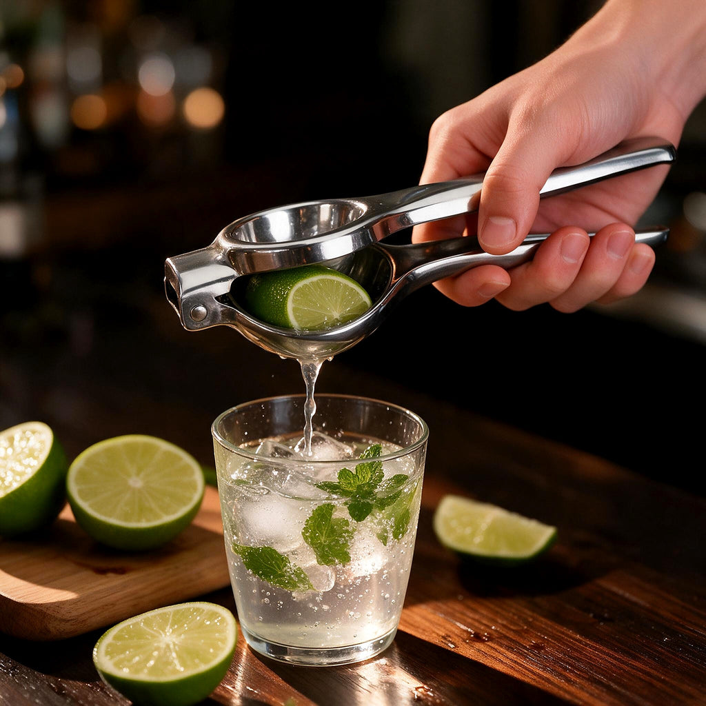 Squeezing fresh lime into a drink with the steel squeezer