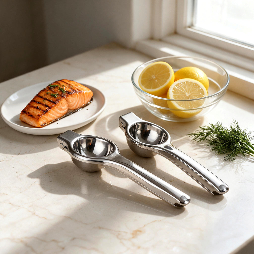 Two lemon squeezers beside grilled salmon