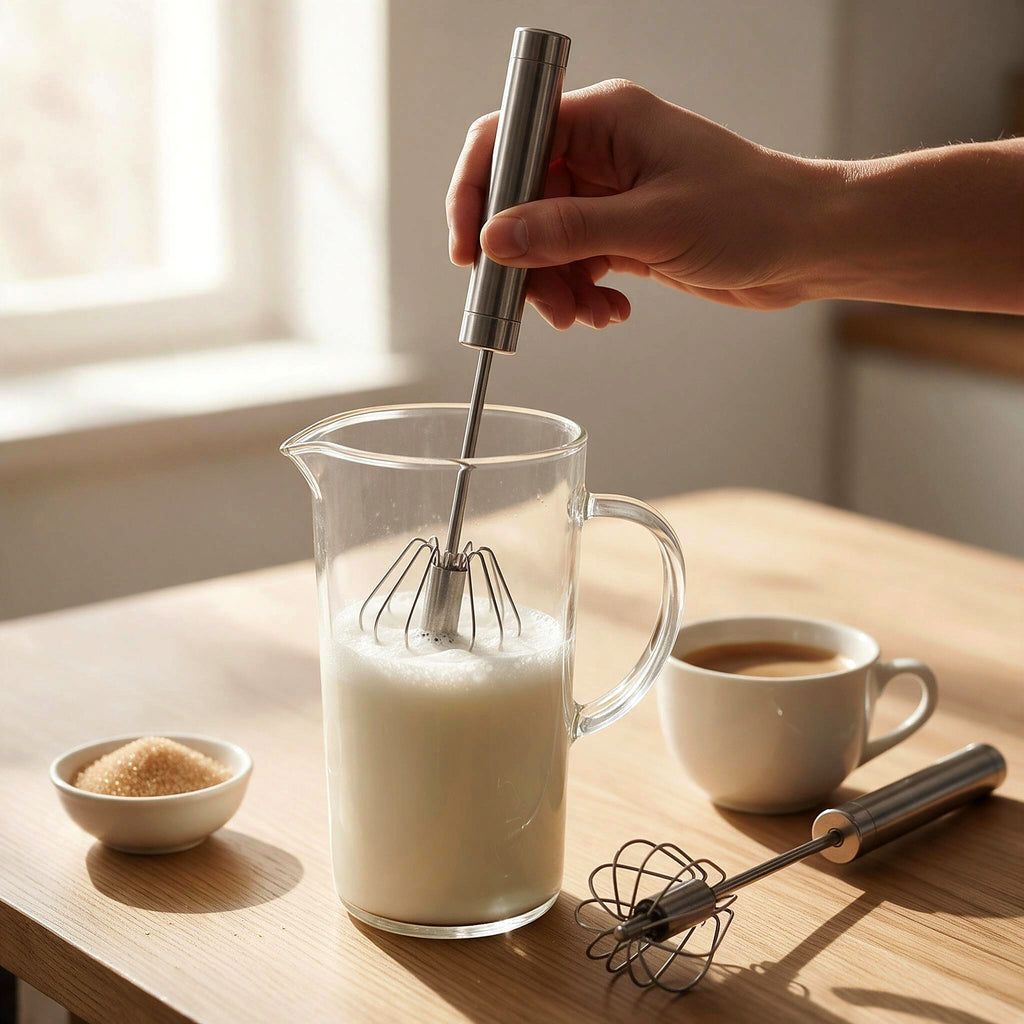 Push whisk frothing milk for a latte
