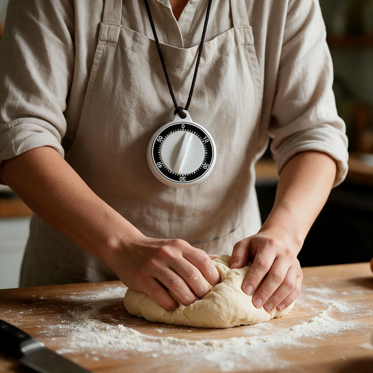 Mechanical kitchen timer worn on its neck cord while baking
