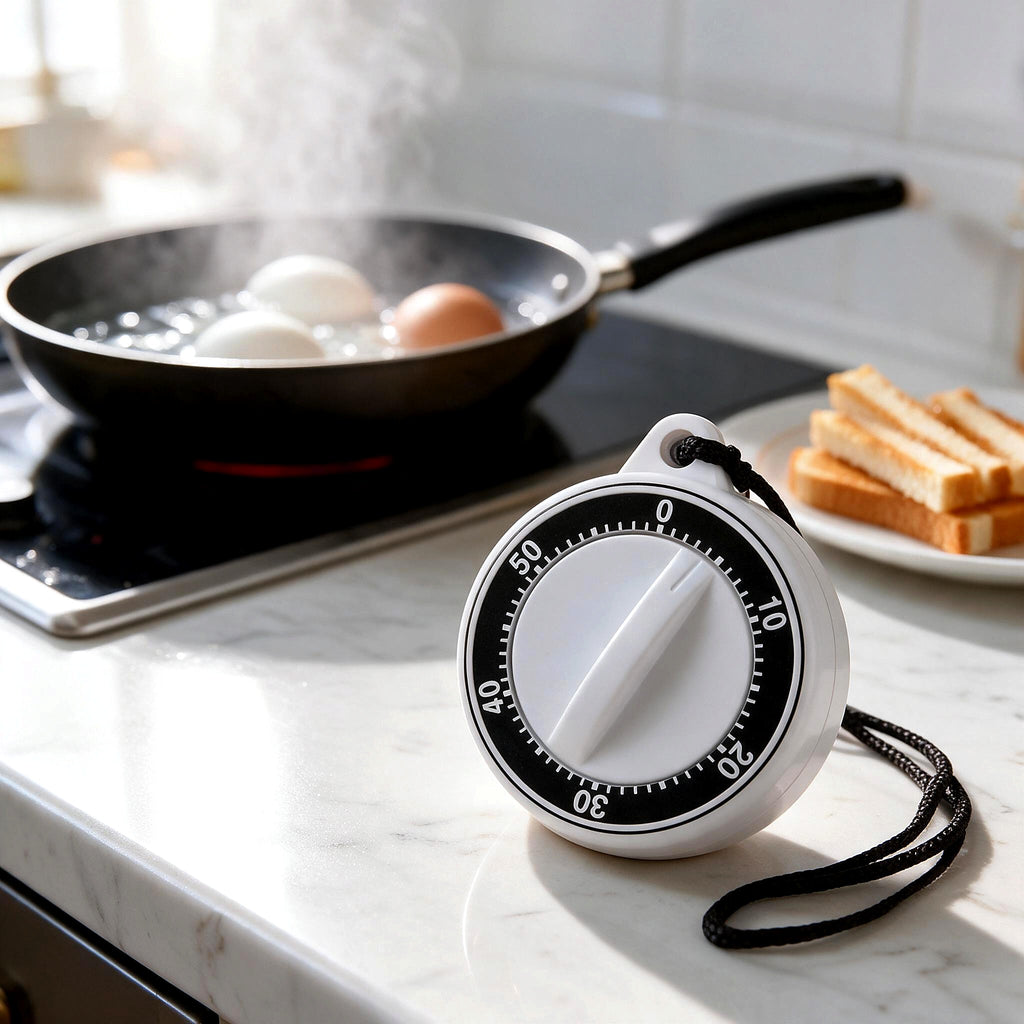 Mechanical timer on the counter while boiling eggs