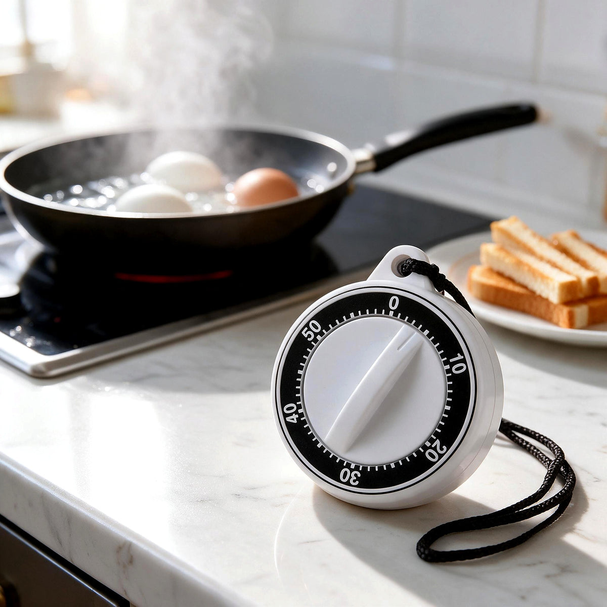 Mechanical timer on the counter while boiling eggs
