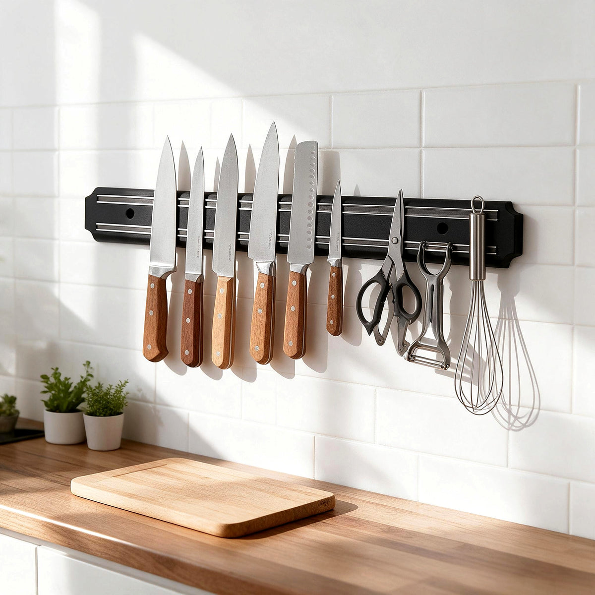 Magnetic knife bar holding knives and kitchen tools on a kitchen wall