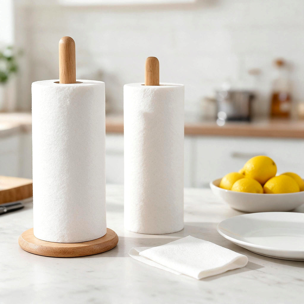 Reusable bamboo kitchen towel roll on a kitchen worktop