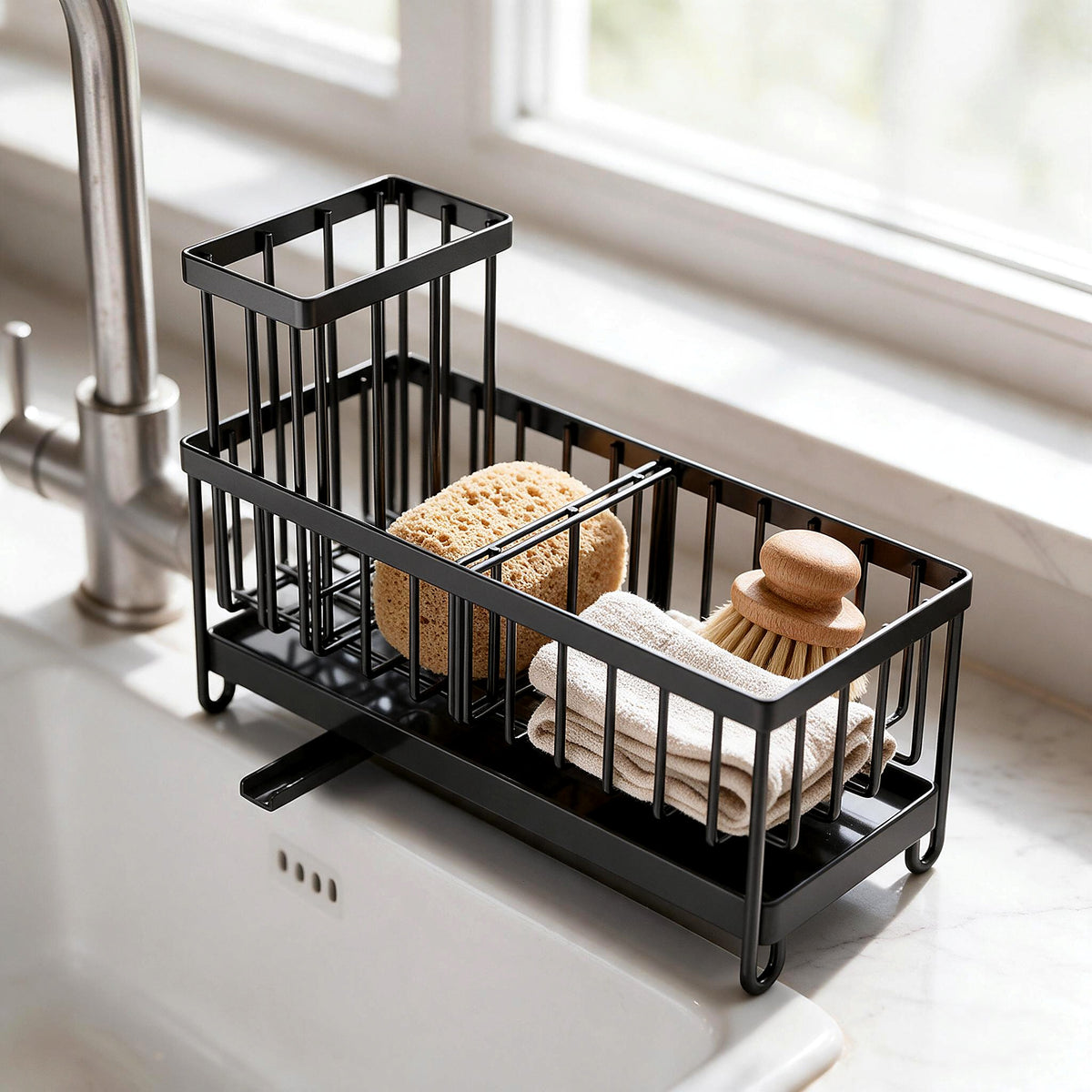 Black sink caddy with sponge and dish brush by the kitchen sink