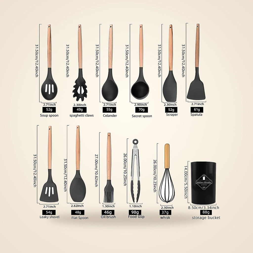 All 14 silicone utensils with sizes