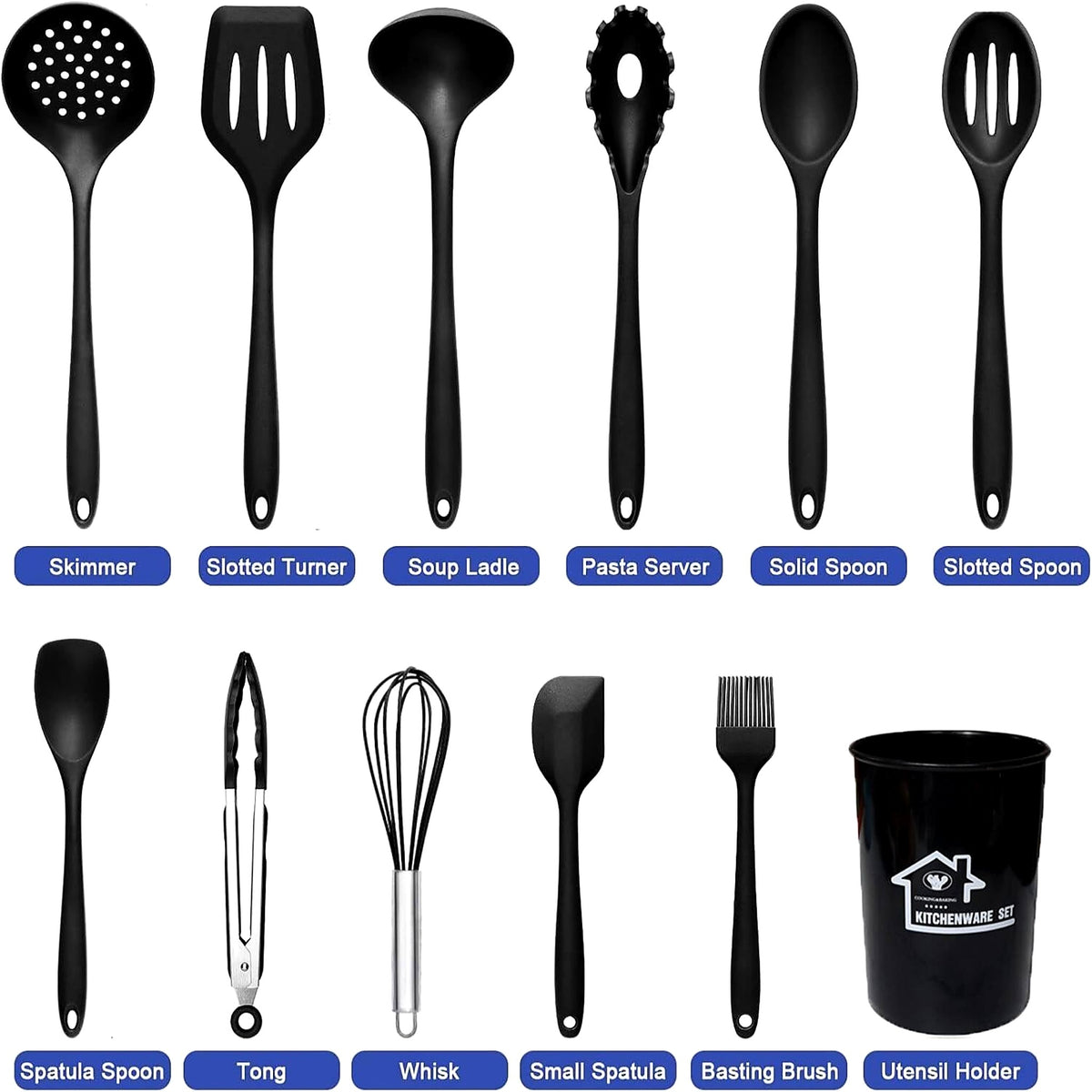 All 12 black silicone utensils with names