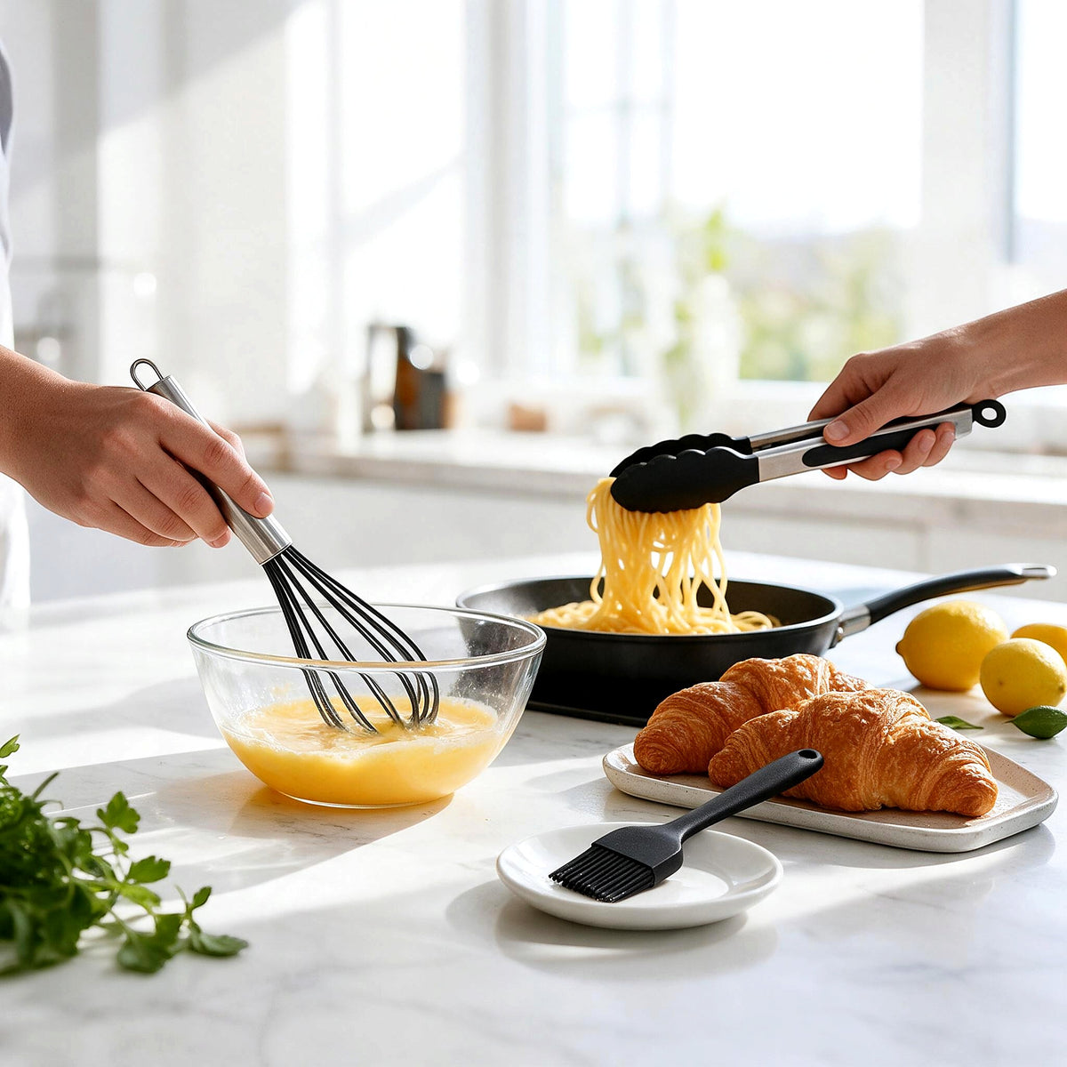 Black silicone whisk, tongs and brush during brunch prep