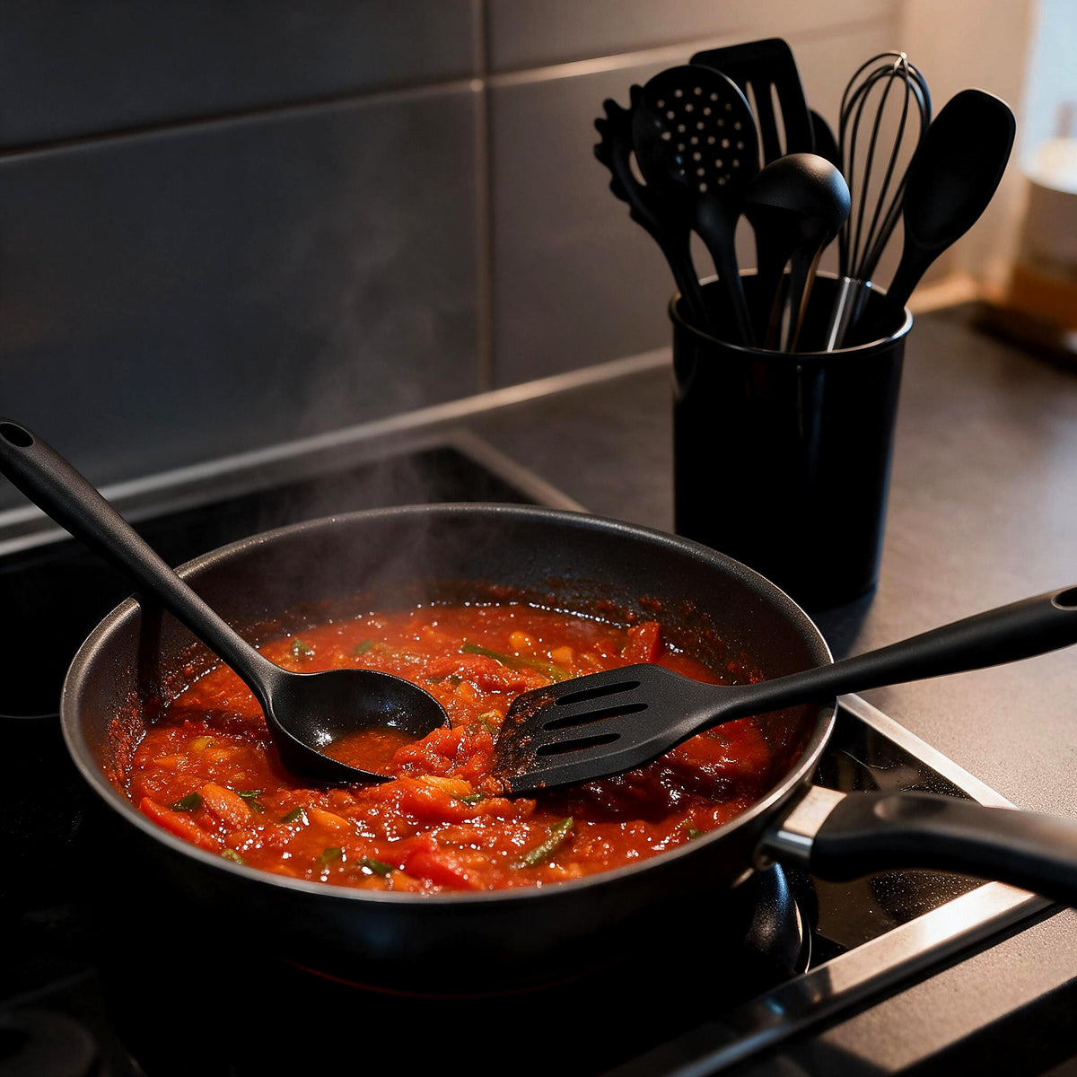 Black silicone ladle and turner stirring tomato sauce on the hob