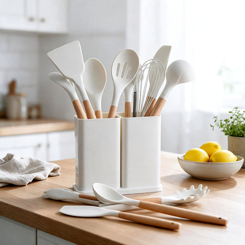 White silicone utensils with wooden handles in their holder