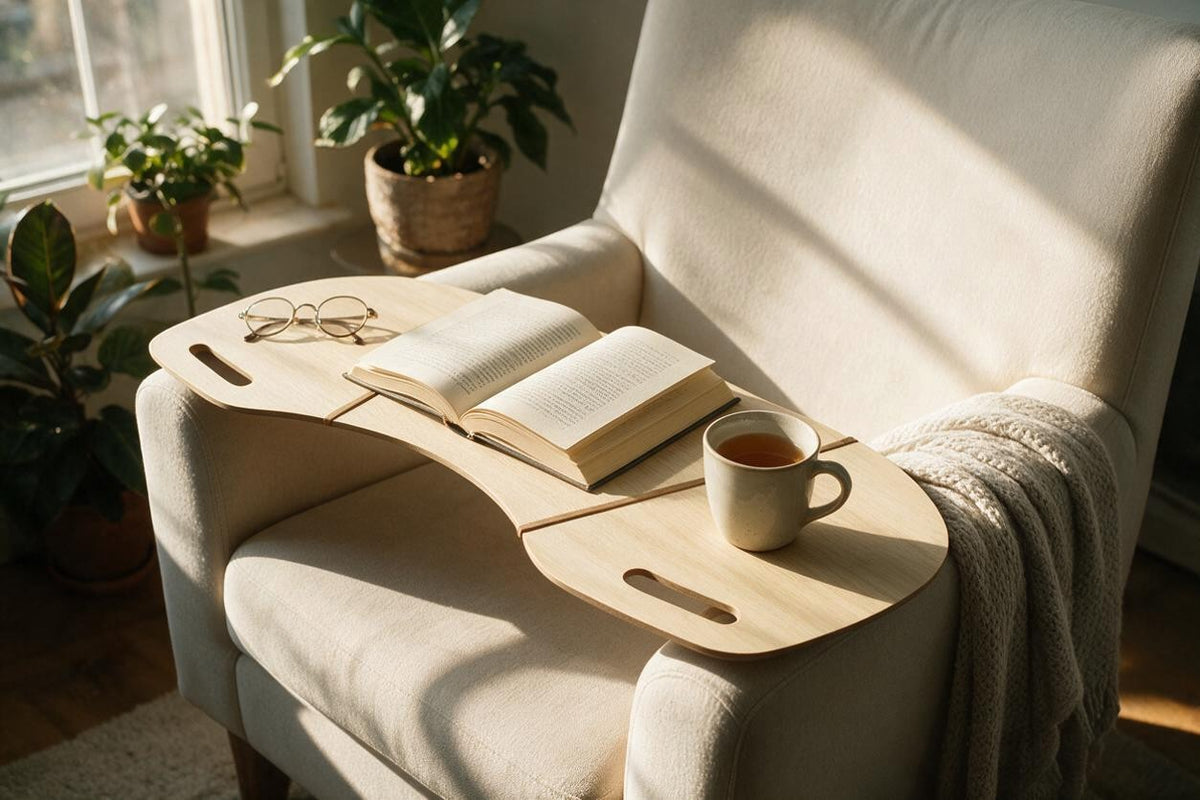 Wooden lap desk across the arms of a cream armchair with a book and tea
