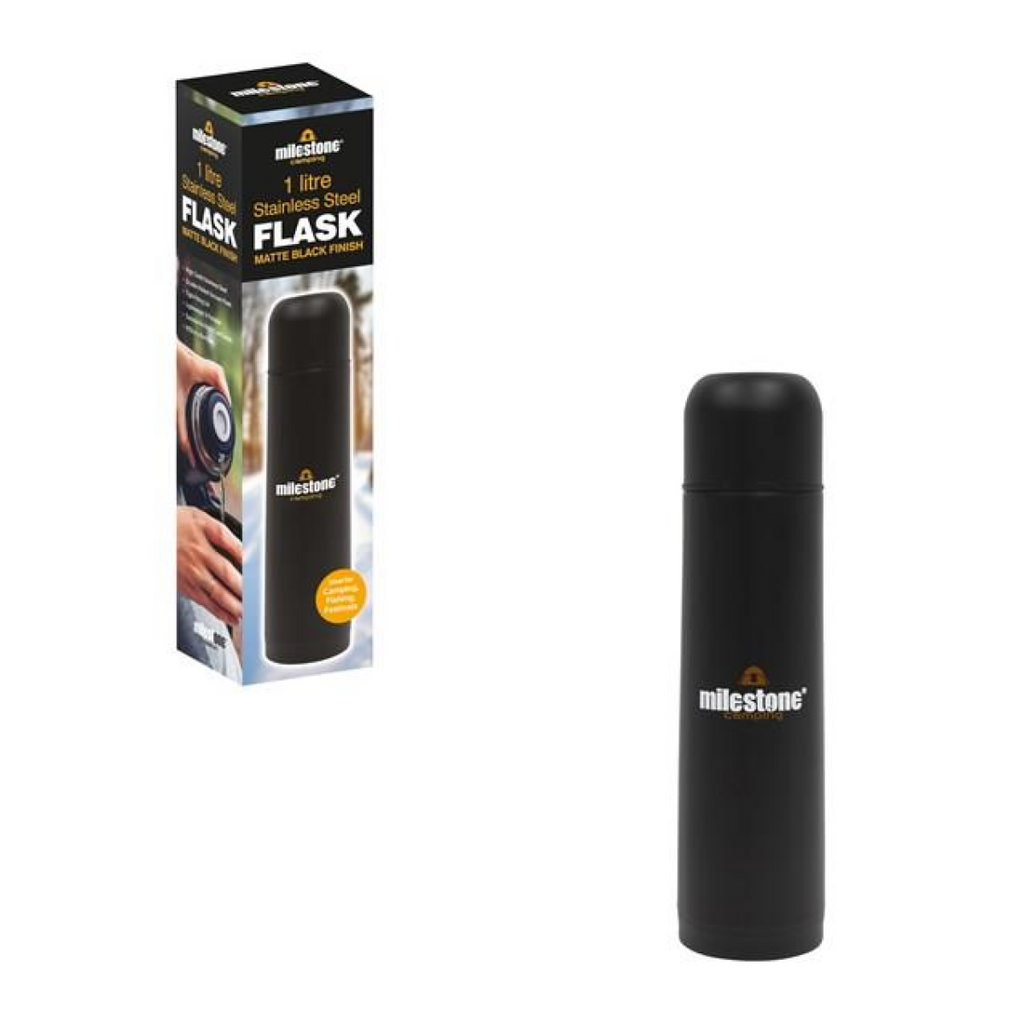 Milestone 1 litre stainless steel vacuum flask in matt black, with its box