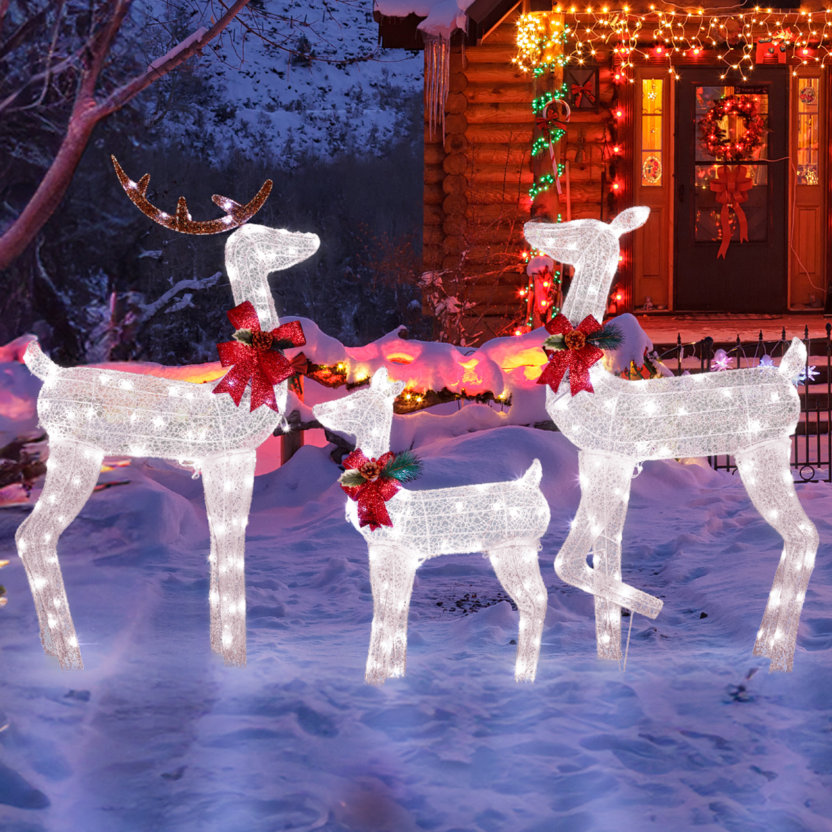 Pre-Lit Reindeer Family, Set of 3 with 200 White LEDs
