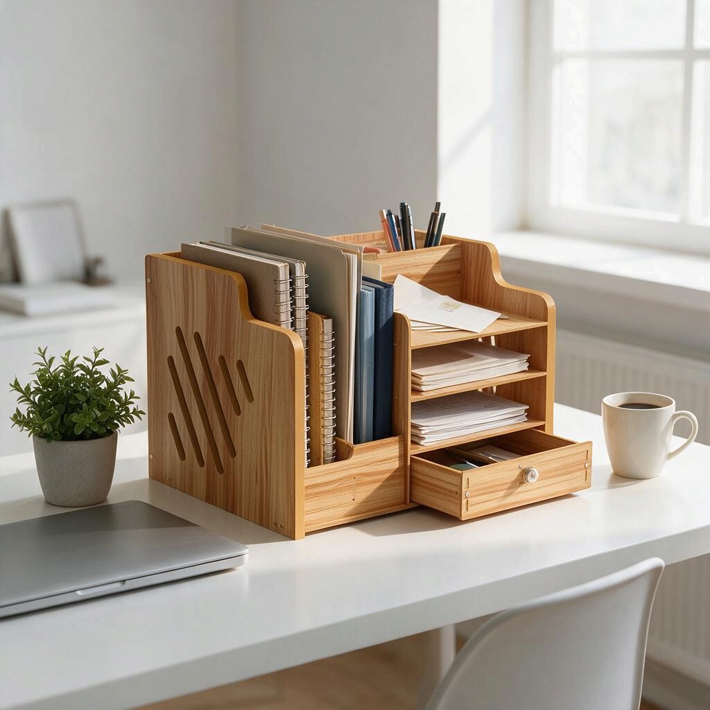 Wooden desktop organiser on a white home-office desk