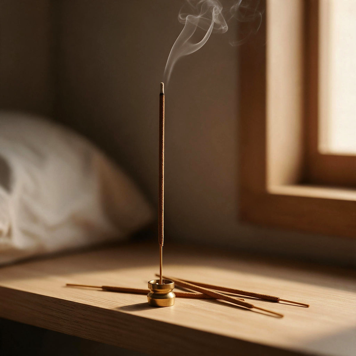 Palo santo incense stick burning in a brass holder