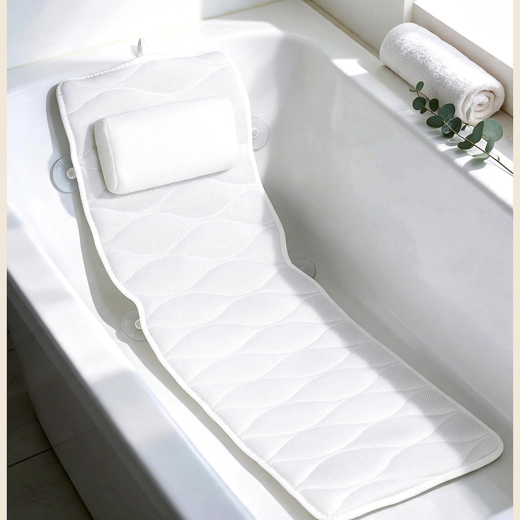 Full-length quilted bath pillow in a white bathtub